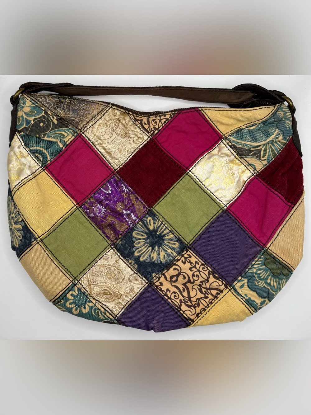 Y2K Boho Lucky Brand Multi-Colored Patchwork Fabric and Leather Large Hobo Bag